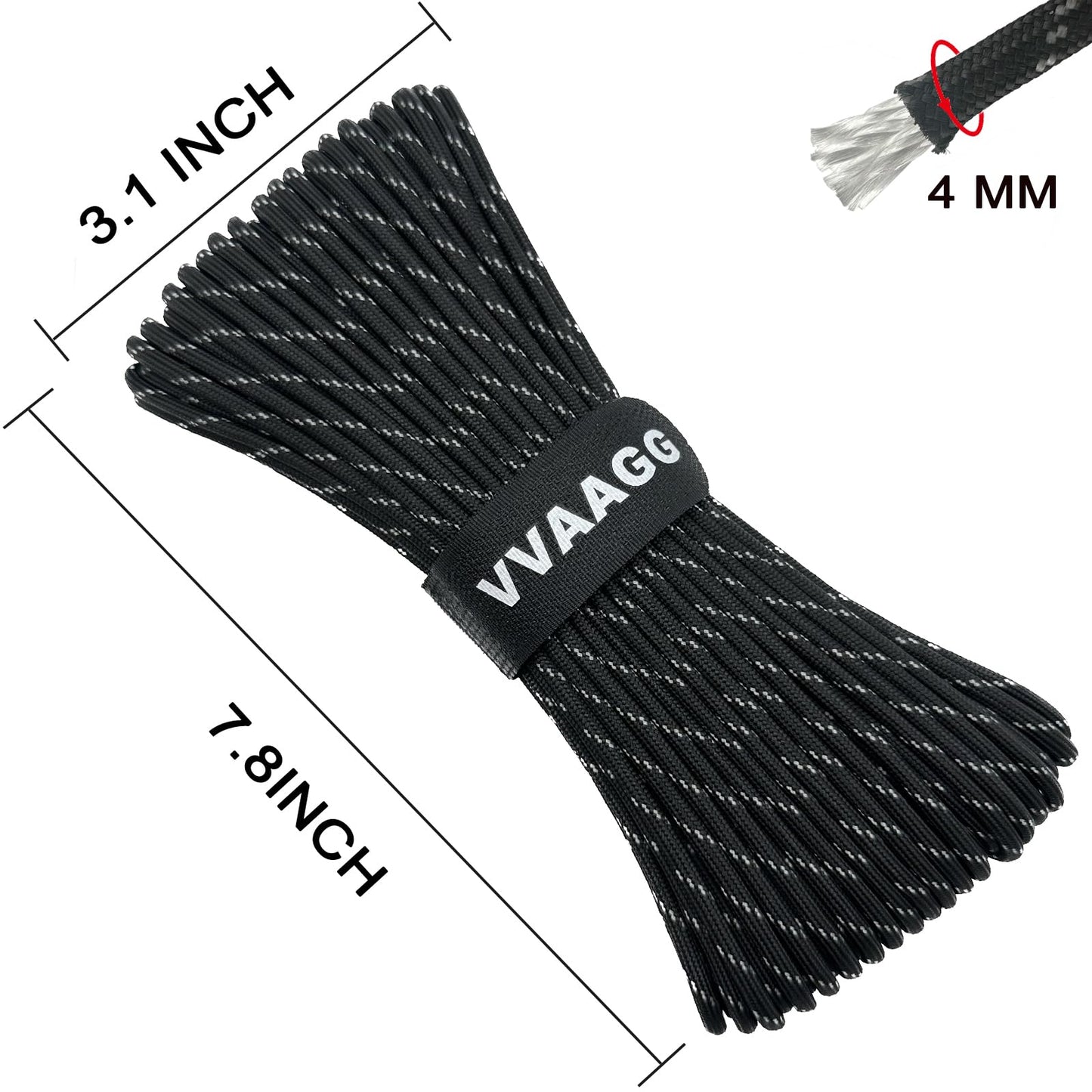 VVAAGG 550 Paracord 100FT 4mm Durable Camping Rope, Tent Rope, Clothsline Rope, Marine Weatherproof Rope, Nylon Parachute Cord Rope (Black with White)