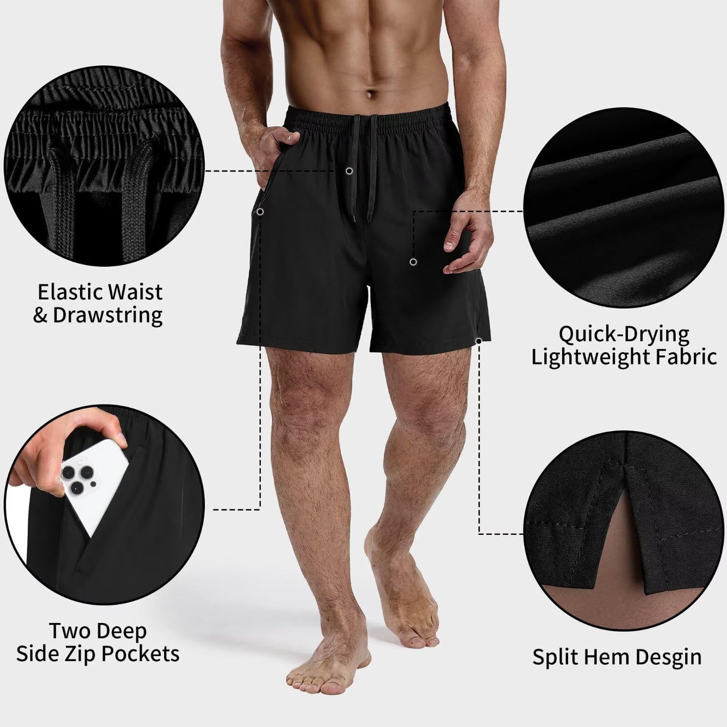 FIONECA 3 Pack Men's Athletic Running Shorts 5 Inch,Quick Dry Gym Workout Shorts with Zip Pockets