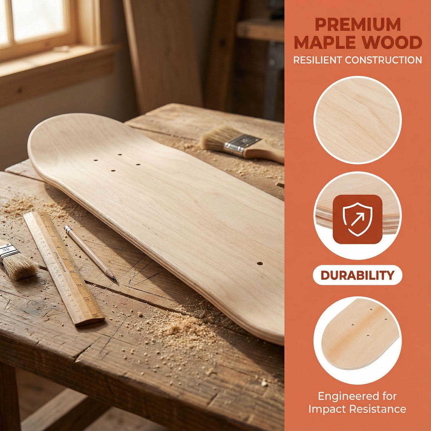 BESPORTBLE Blank Skateboard Deck: DIY Blank Wood Graffiti Skateboard Maple Double-Sided Design for Painting and Graffiti 17X5 Inch for Skateboarding Enthusiasts Beige
