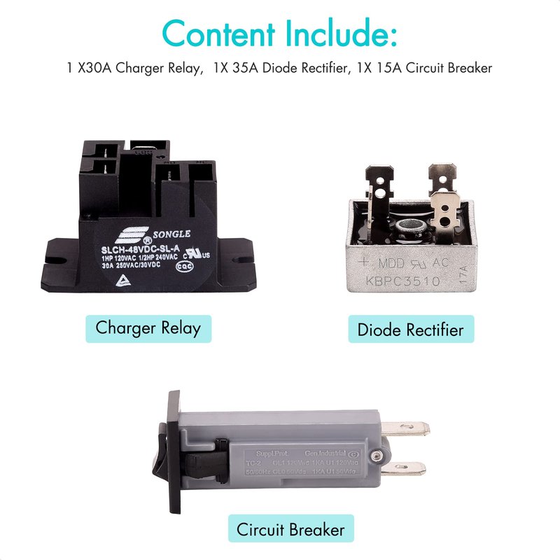 10L0L Golf Cart Battery Charger Repair Kit for Club Car 48V PowerDrive 2,OEM# 22110, Include 30A Relay, Diode Rectifier and Circuit Breaker