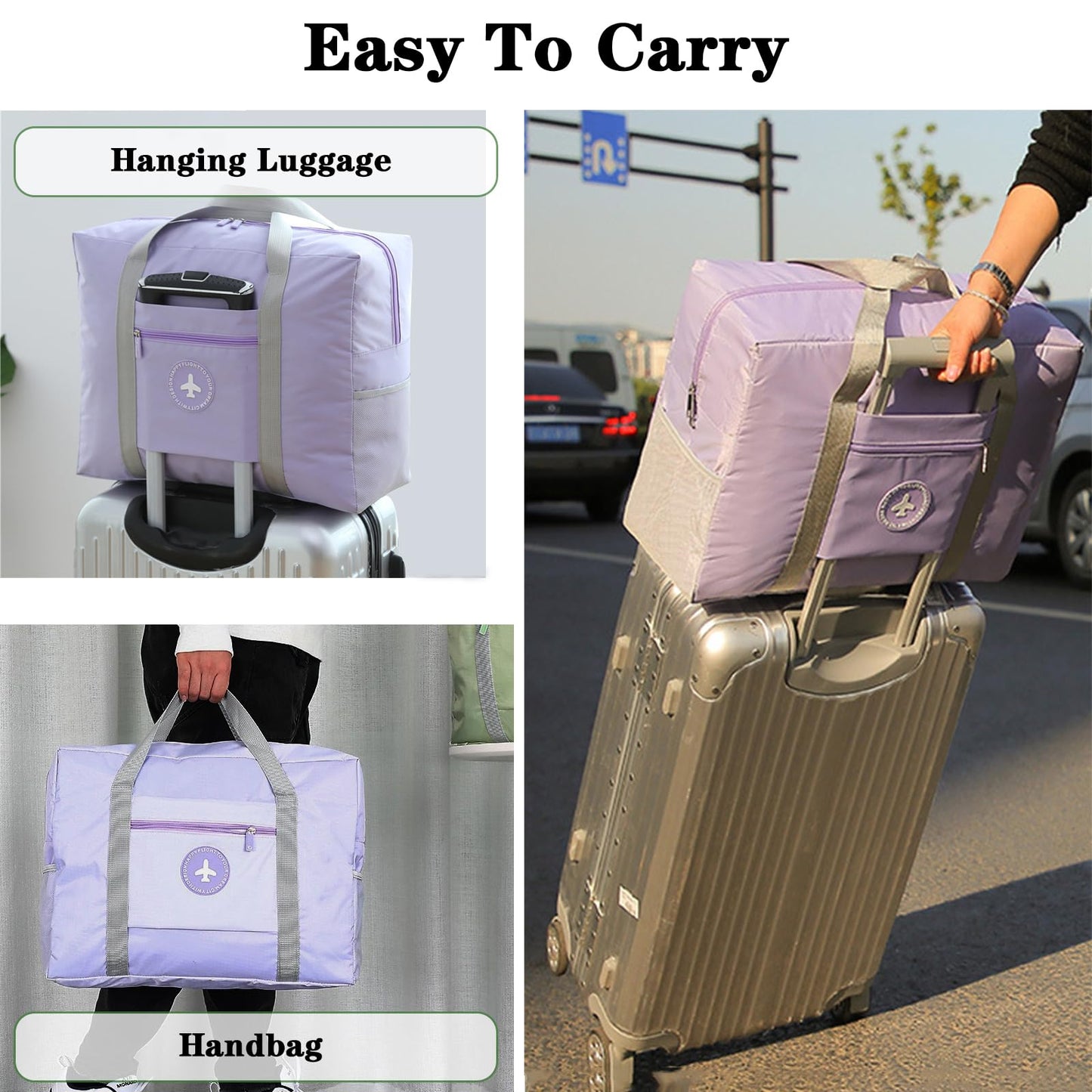 Travel Bag for Women Foldable Duffle Bag Spirit Airlines Personal Item Carry On Tote Lightweight Sports Gym Tote Weekender Overnight Bag (Purple)
