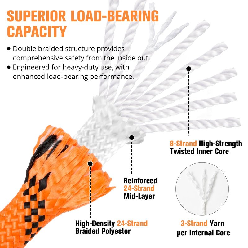 Double Braided Arborist Rigging Rope - 1/2 in X 100 ft 48 Strands Rappelling Outdoor Pulling Heavy Duty Polyester Bull Rope for Swing Tree Work Camping Rescue Hiking Logging - Orange