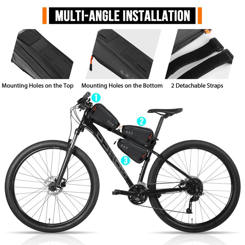 WOTOW Bike Frame Bag - 3 Ways Installation Water Resistant Reflective Bicycle Top Tube Bag with Two Side Pockets, Ebike Cycling Triangle Bag Pouch Accessories for MTB Road Travel (1.2L)