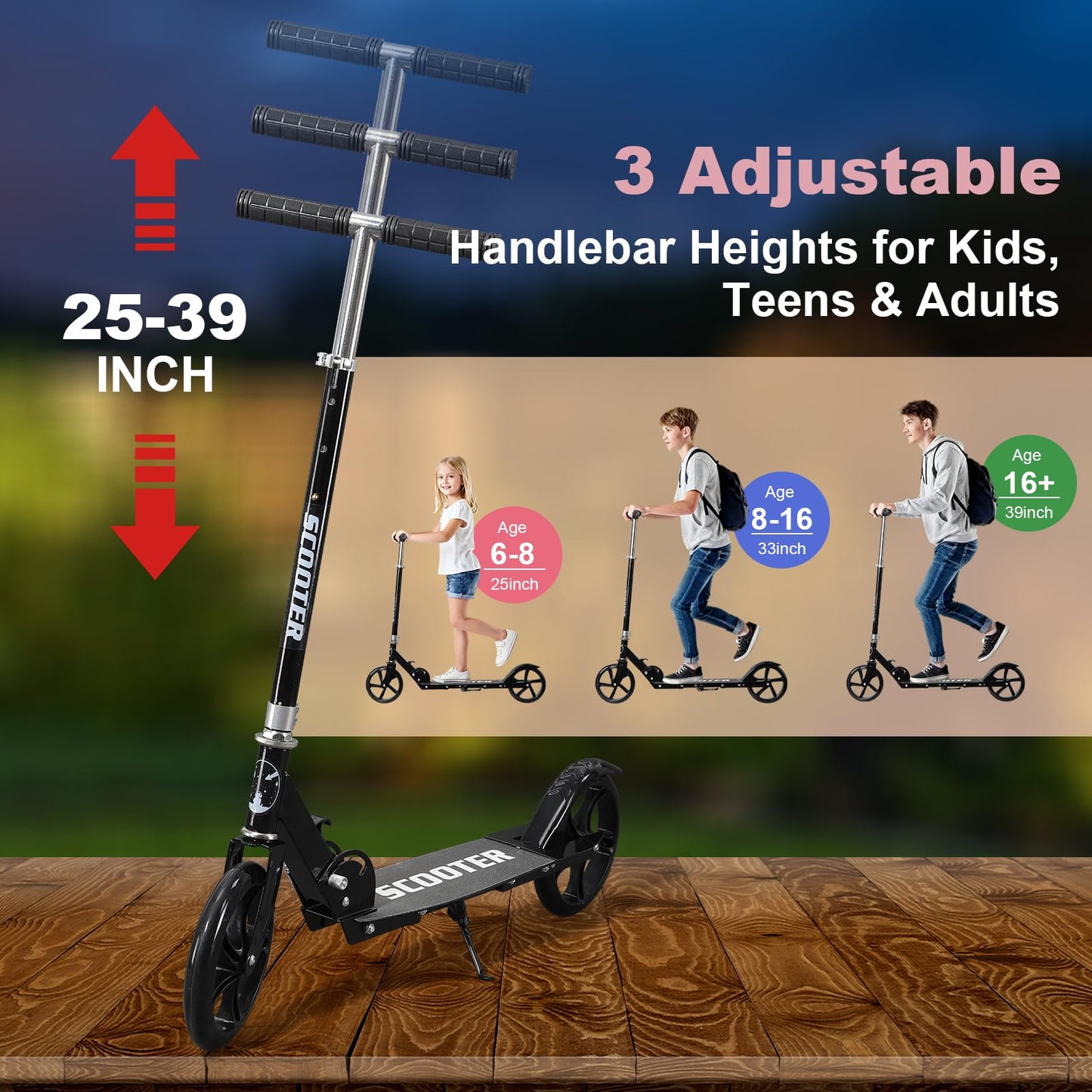 Kick Scooter Scooters for Kids Teens Adults - Heavy Duty Folding Scooters,Non-Slip Large Deck,Portable for Travel,Adjustable for 5-8 8-12 6+ Year Old Age Boys Girls Up to 300 Lbs - Black