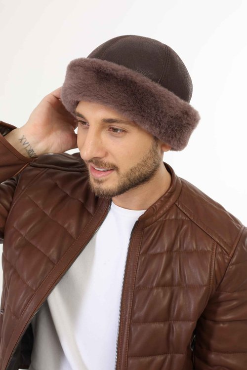 Zavelio Men's Shearling Sheepskin Winter Beanie Hat Medium Cashmere