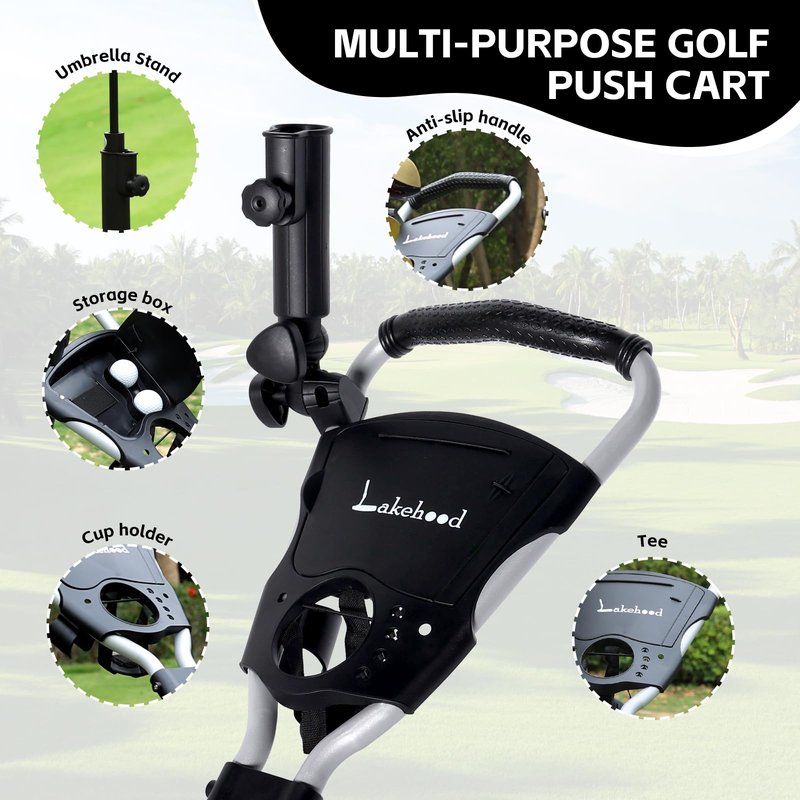 Lakehood Golf Push Cart - 3 Wheel Golf Cart for Easy Transport & Storage, Height-Adjustable Handle for All Ages, Push Golf cart - Perfect for Golf Courses & Practice Sessions (Black)