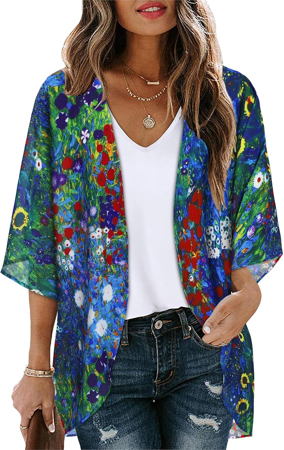 Floral Print Puff Sleeve Kimono Cardigan - Casual Women's Blouse Top | Loose Fit