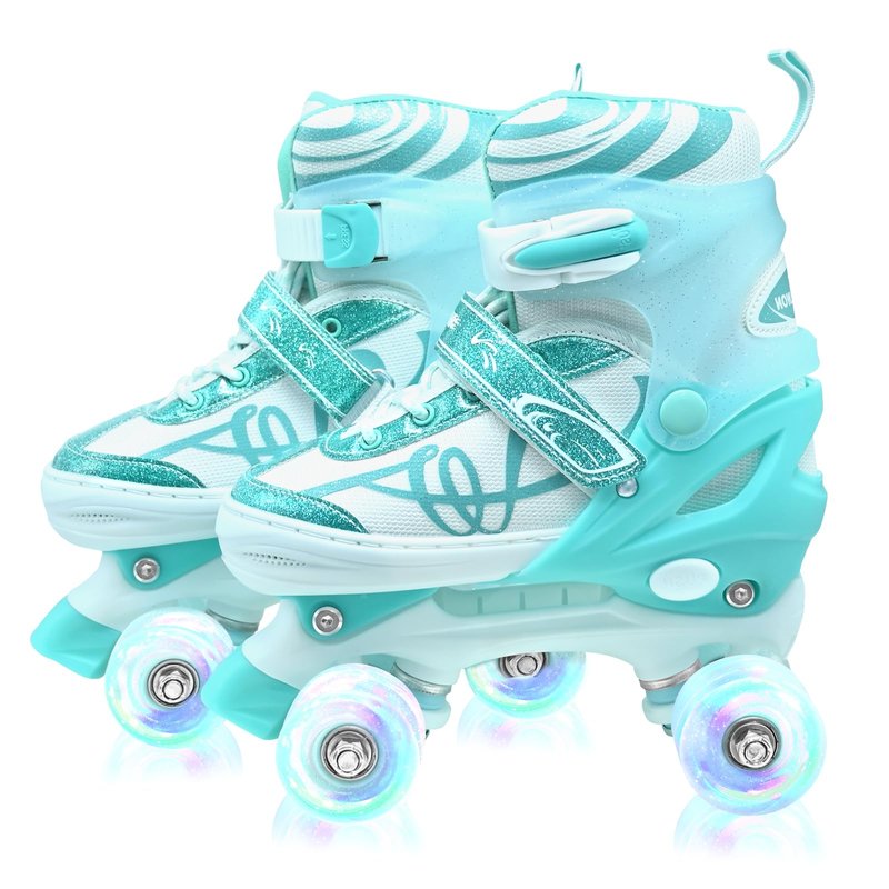 Roller Skates for Kids, Adjustable Quad Skates for Girls and Boys Ages 12-14 with Light Up Wheels, Children Beginners Rollerskates Size 5 6 7 8 Green for Indoor Outdoor