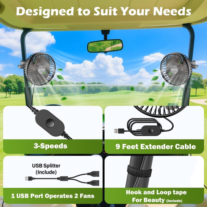 Tonree Golf Cart Fan, Portable USB Clip Fan for EZGO, Club Car, Yamaha, 3700rpm Hi-velocity and Low Noise, 3 Speed, 360° tilt, 10sec Quick Mount, Waterproof, for Travel Camping Outdoor Car Home RV
