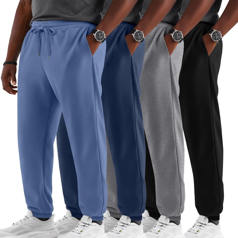 Evervibe 4 Pack Men’s Big and Tall Sweatpants Drawstring Loose Joggers Casual Elastic Waist Athletic Pants with Pockets(Light Haze Blue, Dark Blue, Light Gray, Black,5X-Large)