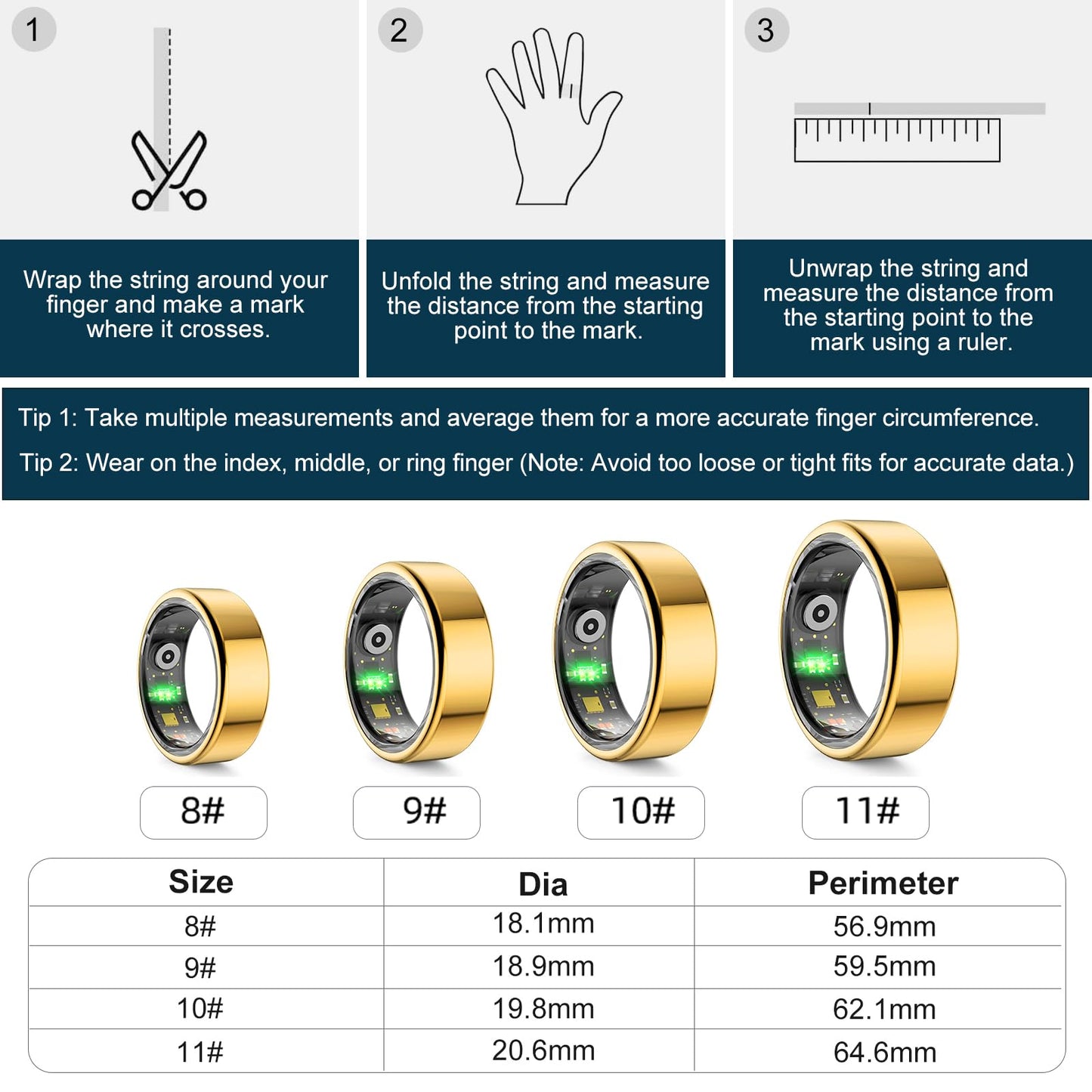 Smart Ring Fitness Tracker Ring for Women Men - Sleep Heart Rate Step Blood Pressure Health Tracker Smart Ring, 5ATM Waterproof Compatible with Android & iOS, No App Subscription, 5 Day Battery(11#)