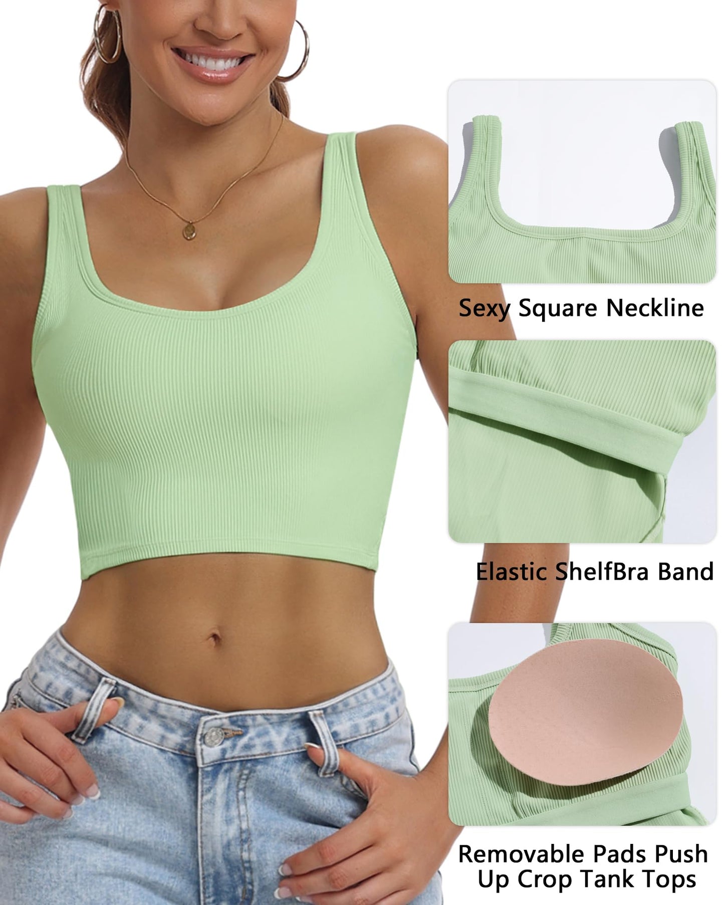 HORISUN Womens Tank Tops Wirefree Padded Longline Sports Bra Built in Bra Workout Crop Tops Square Neck Ribbed Fitness Running Gym Yoga Bra Top,Green,XL