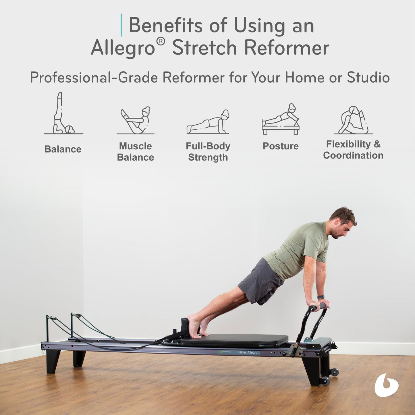 Balanced Body Allegro Stretch Reformer with 14-Inch Legs, Pilates Exercise Equipment for Home or Studio