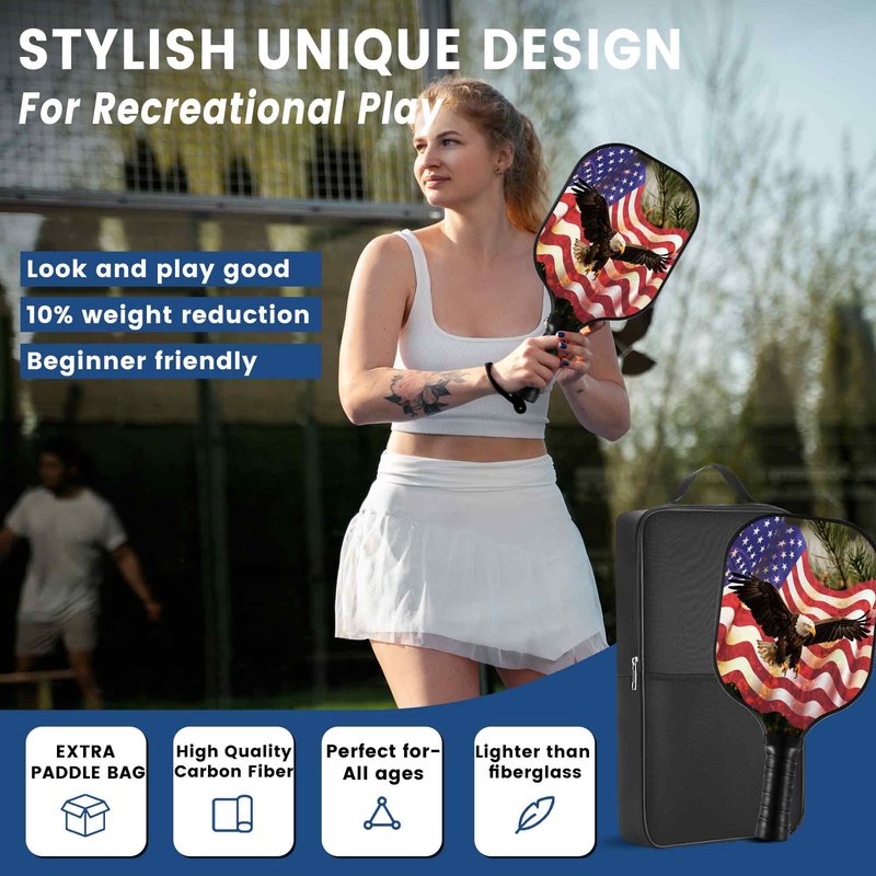 Cozaline Carbon Fiber Pickleball Paddles with Cushion Comfort Pickleball Paddle Grip, Lightweight Paddles with Flag&Eagle Pattern, Stylish Design for Men,Women,Kids,Adults