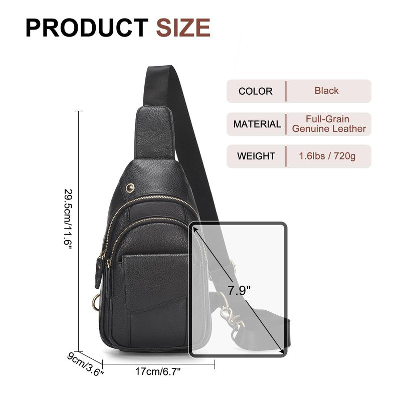SUIKIHUM Full-Grain Leather Crossbody Bags for Men Women, Genuine Leather Sling Bag, Trendy Casual Chest Bag, Black
