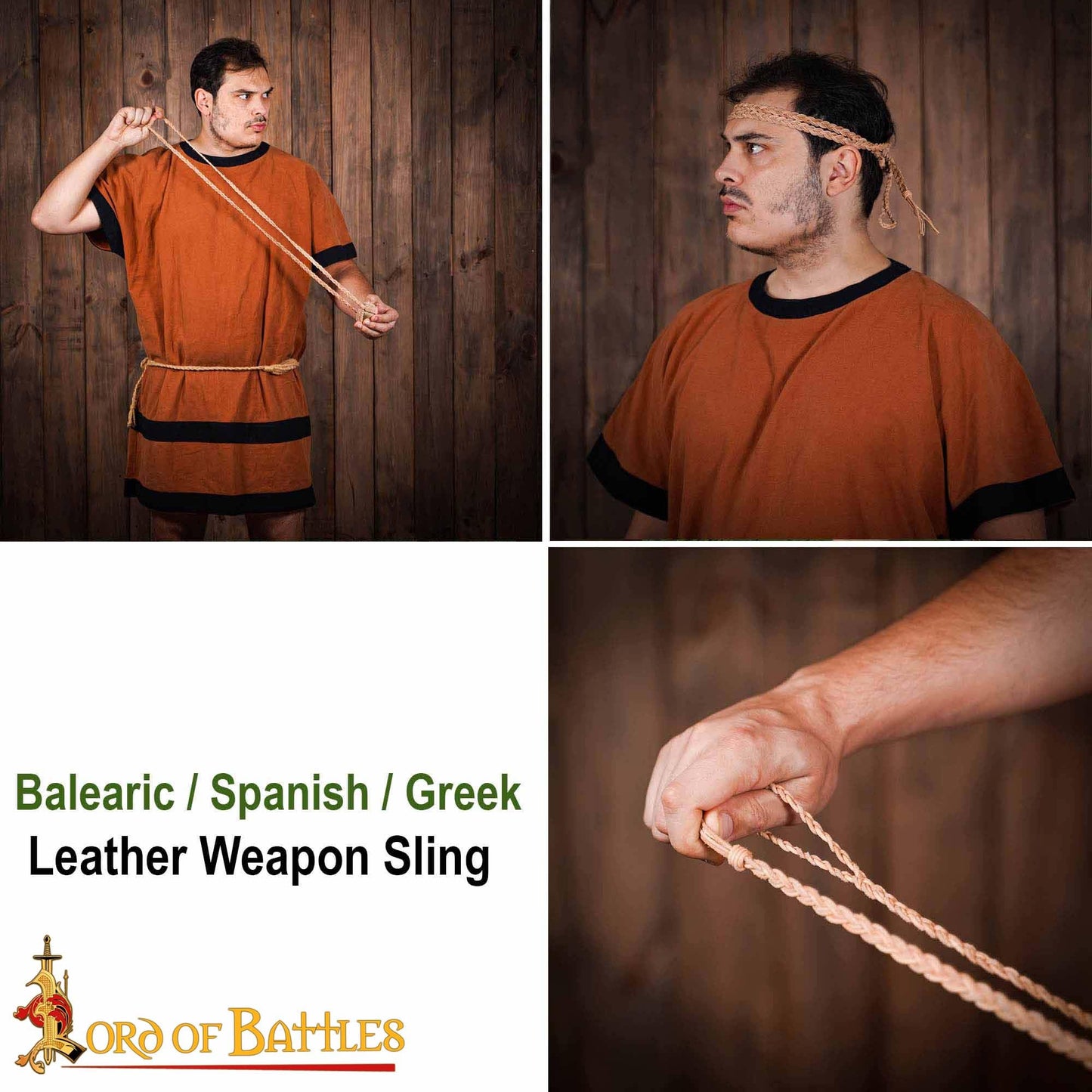 Lord of Battles Balearic Roman Greek Sling Handcrafted Braided Cords Throwing Slingshot for Historical Reenactments (Leather Sling)