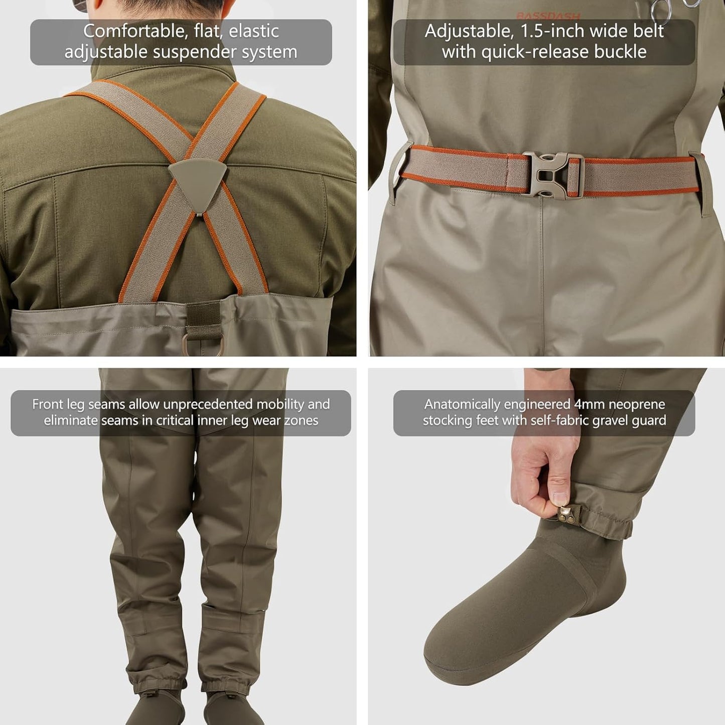 BASSDASH Men's Waterproof Breathable Fly Fishing Waders - Lightweight Chest Stocking Foot Design