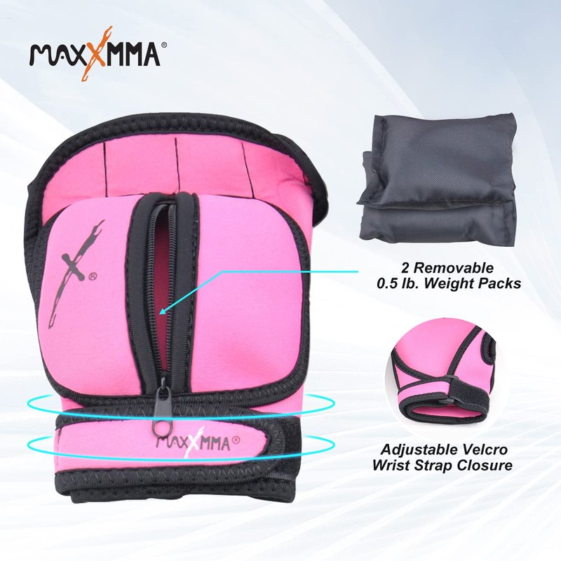 MaxxMMA Adjustable Weighted Gloves, 2 lb. Set - Removable Weight (2 x 0.5 lb. Each Glove) for Sculpting MMA Kickboxing Cardio Aerobics Hand Speed Coordination Shoulder Strength (Pink)