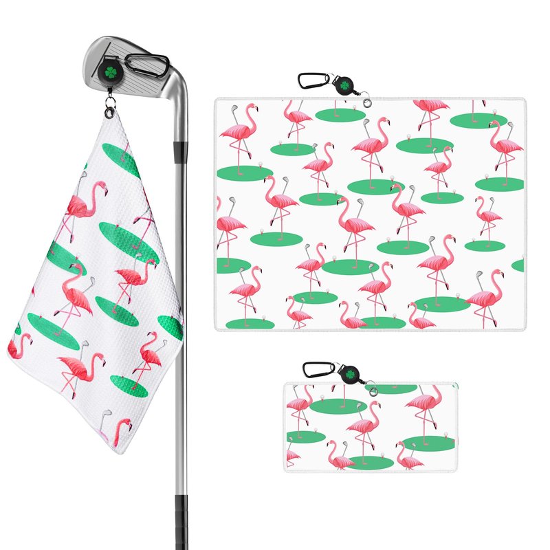 Golf Towels for Golf Bags Value 2 Pack 21"x16" and 12"x8" Set with Strong Magnetic Retractable Carabiner, Microfiber Waffle Towel Pattern Lightweight Absorbent Gift for Women Ladies (Flamingo&White)