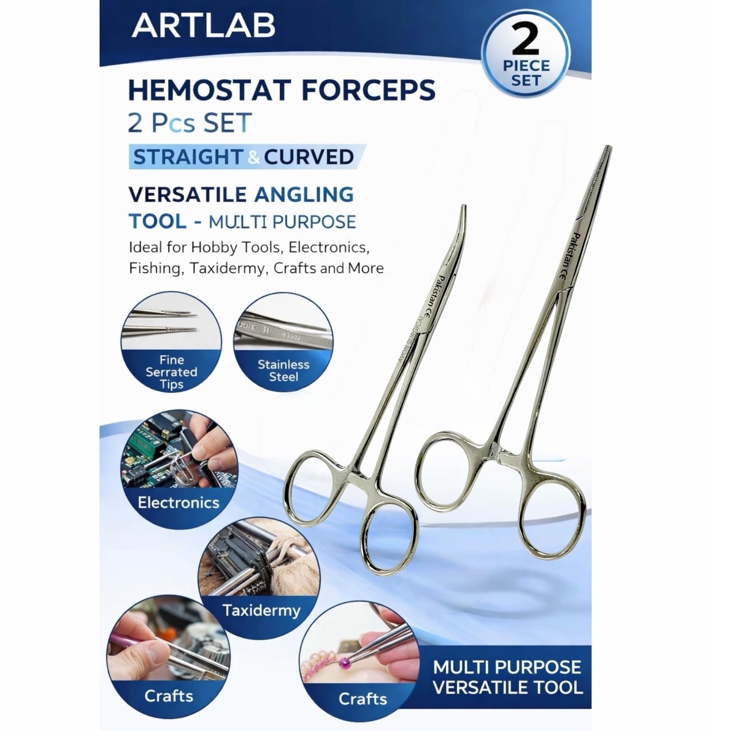 Avon Surgical 2Each Versatile Angling Tools 5 Inch Fishing Forceps Set - Stainless Steel, Curved & Straight Hemostats, Serrated Jaws, Locking Mechanism, and Lightweight Design Hemostat Forceps.