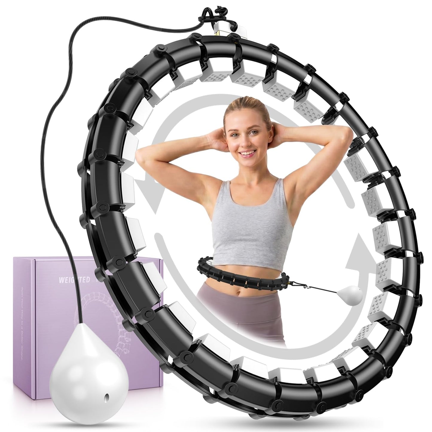 Weighted Infinity Hoop with 24 Detachable Quiet Knots, Hula Circle Hoop for Adults Weight Loss, Exercise Fit Hoop Suitable for Women and Beginners, Smart Adjustable Hoops, Black
