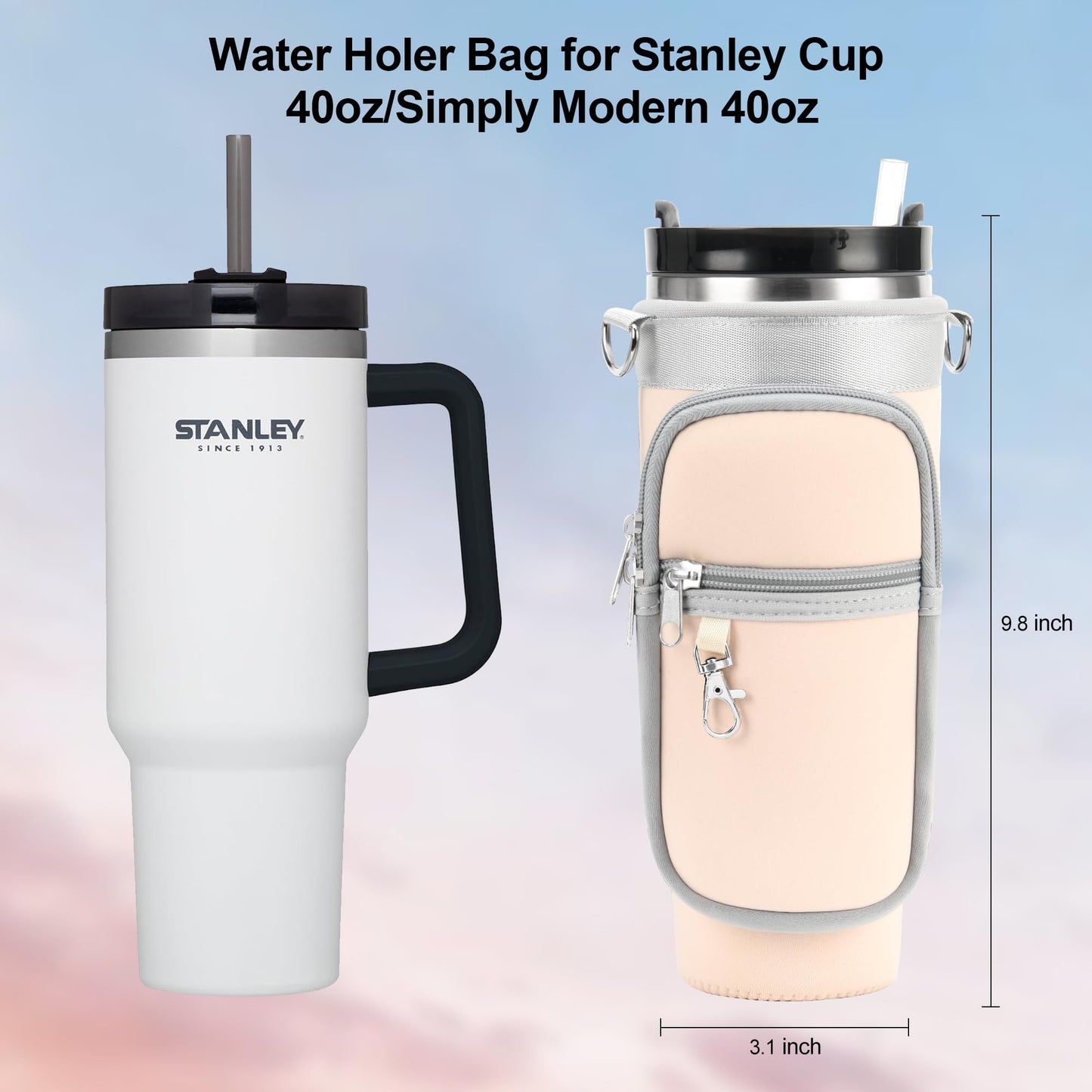 Water Bottle Carrier Bag with Canvas Shoulder Strap for Stanley 40 oz Tumbler with Handle, Water Bottle Holder Pouch with 6.7'' Phone Pocket for Stanley Cup Accessories, for Men