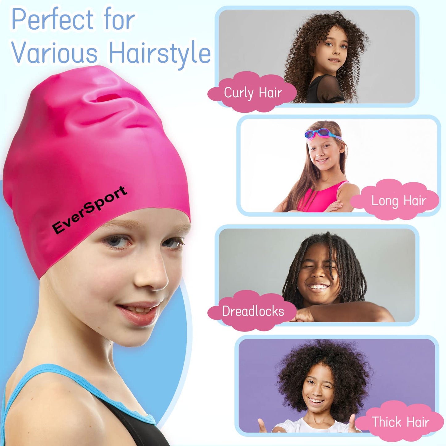 EverSport Kids Swim Caps 6-14 for Girls Long Hair, Large Silicone Swimming Pool Cap for Boys Braids and Dreadlocks Keep Hair Dry Anti Slip Ear Cover Bathing Shower Cap