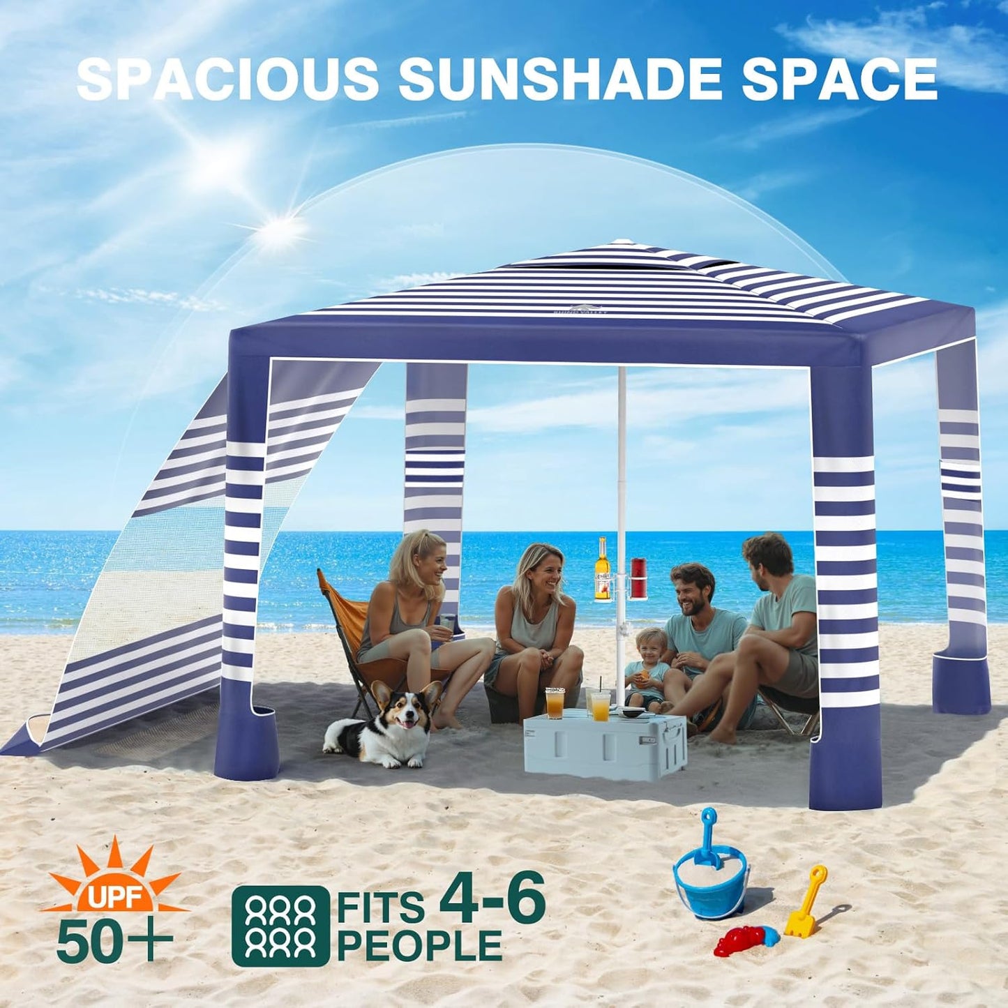 Beach Cabana Tent - 8x8FT UPF50+ Sun Protection | Easy Setup, Wind Resistant, Compact Blue Stripes