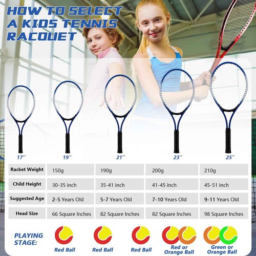 ZHUOKECE 21" Tennis Rackets for Kids, 2 Players Recreational Tennis Rackets Set for Beginners with 4 Tennis Balls, 3 Overgrips, 1 Tennis Bag (Blue)