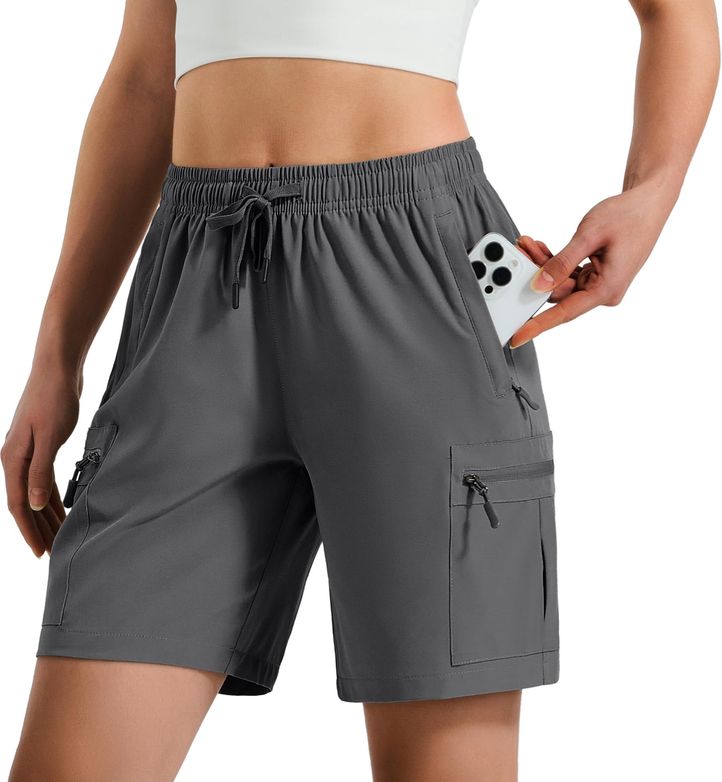 Hugut Women's Lightweight Hiking Cargo Shorts Quick Dry Athletic Shorts Camping Travel Golf Zipper Pockets Water Resistant Dark Grey