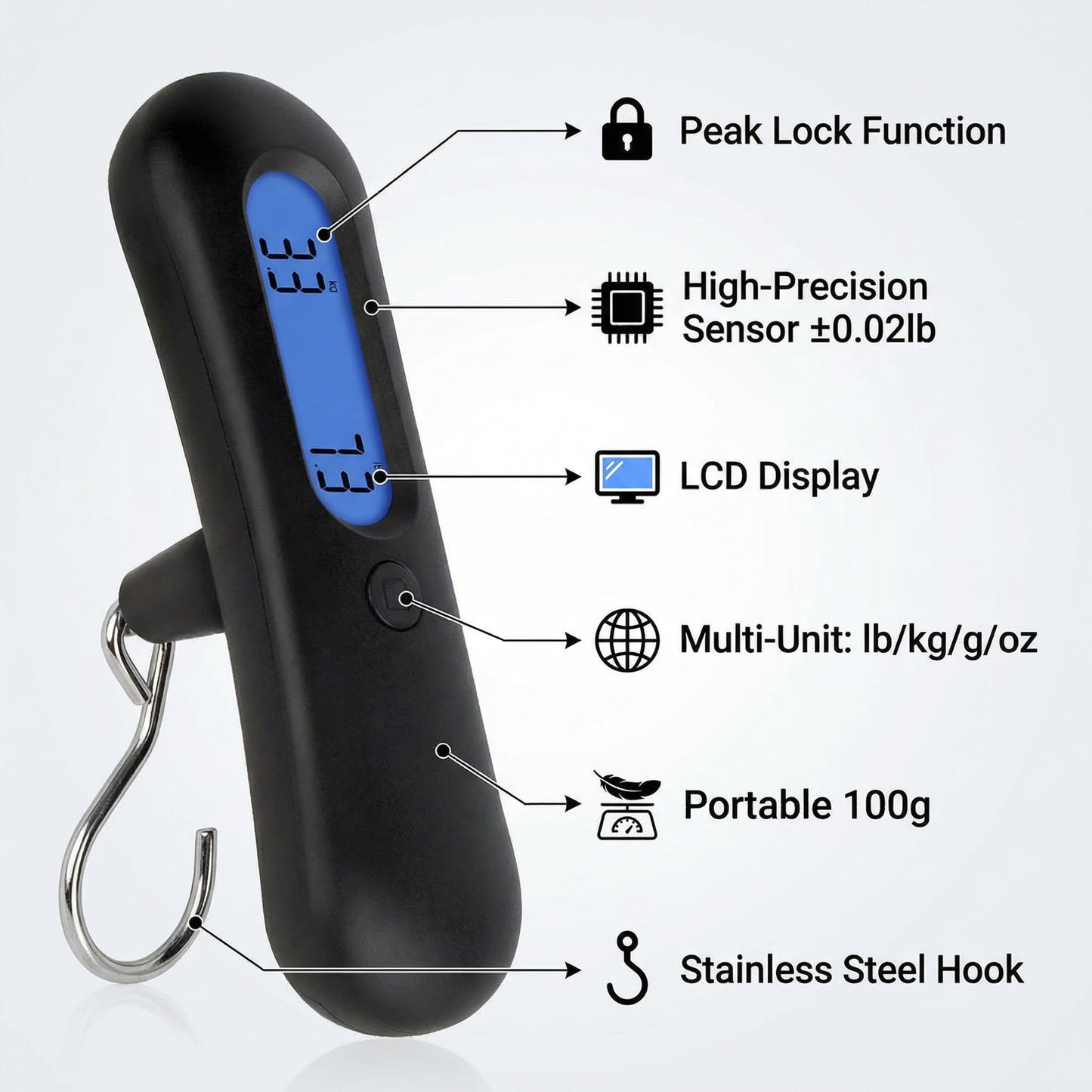 NATUMER Archery Bow Scale 110 lbs/ 50kg Hanging Handheld Scale Multifunctional Digital Tune Scale Peak Weight/Hold Weight with Clear LCD Display for Recurve/Compound Bow (Upgraded Black)
