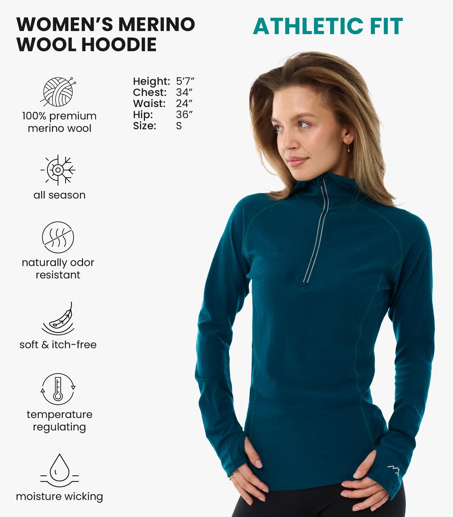 100% Merino Wool Hoodie Women - Slim Fit Quarter Zip Thermal Base Layer (Medium, 190 Deep Teal)