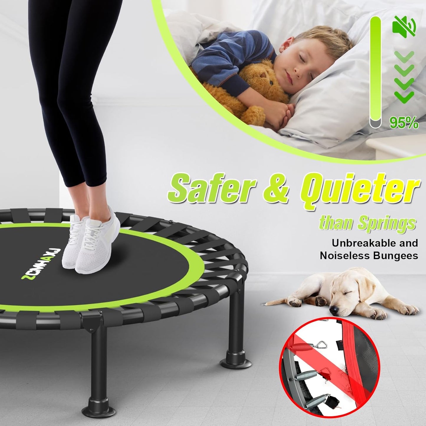 Foldable Mini Trampoline - 40"/48" Rebounder for Adults & Kids | 450lbs Capacity with Adjustable Bar for Indoor Fitness