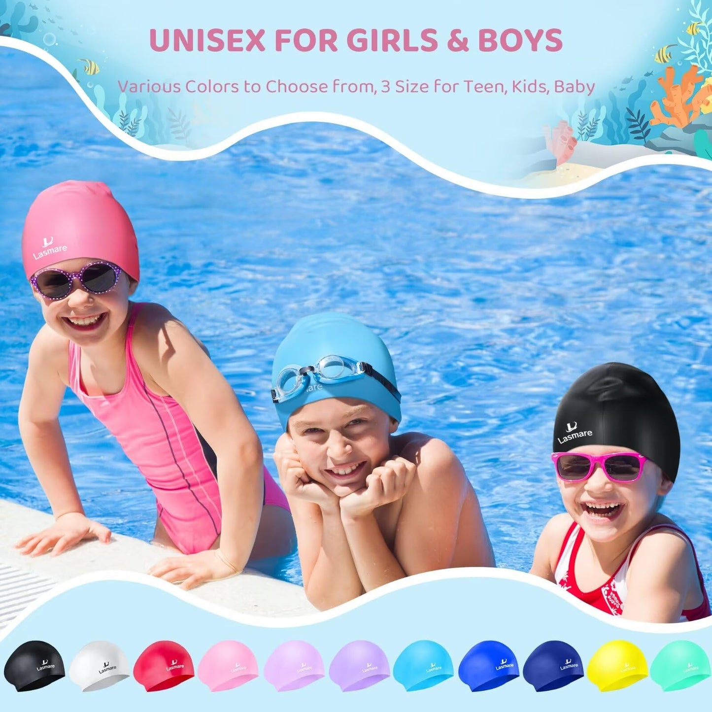 Kids Long Hair Swim Cap for Girls Boys, 3 Size Silicone Swimming Cap for Age 1-15 Toddler Children Teens, Waterproof Swim Hats Bathing Caps with Ear Plugs & Nose Clip to Keep Hair Dry(Age 3-8/Pink)