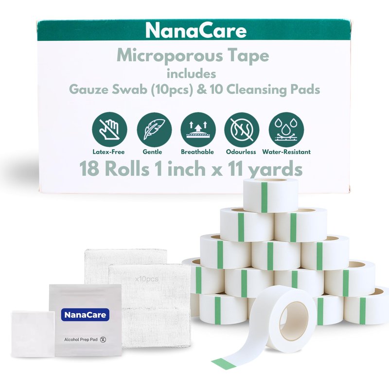 Paper Medical Tape Waterproof, 18 Rolls x 1 inch + 10 pc Gauze Pads - Hypoallergenic Surgical Tape for Wound Care, Dressings & Face, First Aid Waterproof Bandage for Sensitive Skin - NanaCare