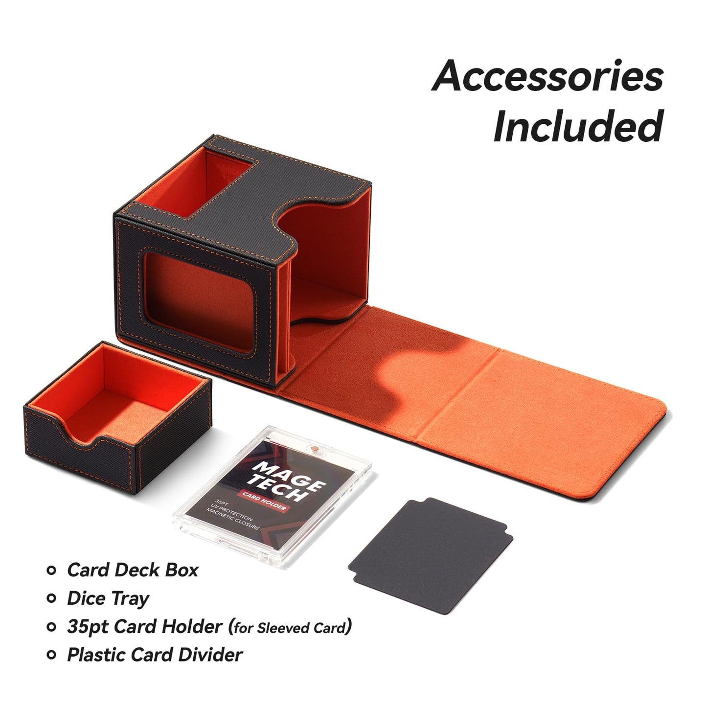 Mage Tech Card Deck Box for MTG Commander - Patented Design, Commander Display, Fits 100 Double-Sleeved Cards, 35pt Card Brick & Dice Tray - Grey/Orange