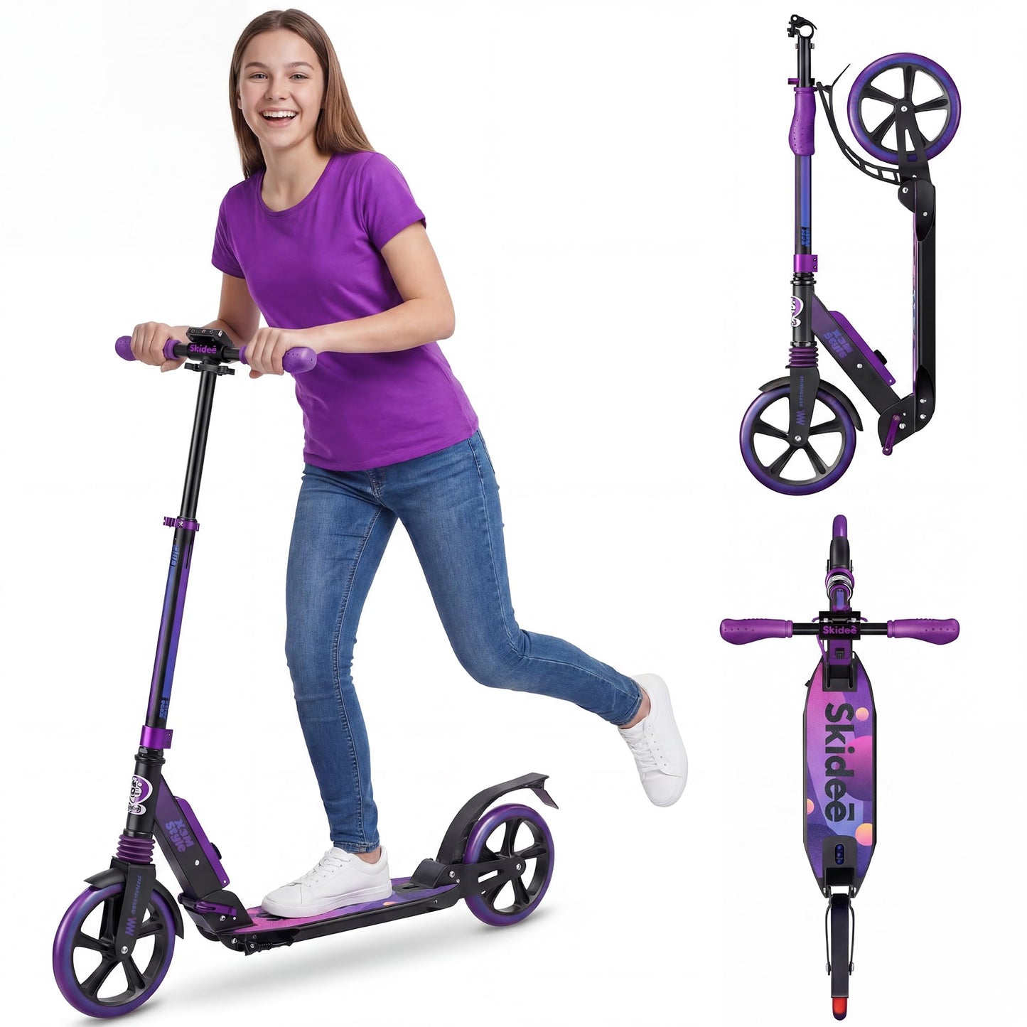 Skidee Kick Scooter for Kids Ages 6+ - Adjustable Handlebar Up to 41" High, Large Wheels, Anti-Shock Suspension - Foldable, Lightweight Scooters for Kids, Teens & Adults, Max Load 220 Lbs