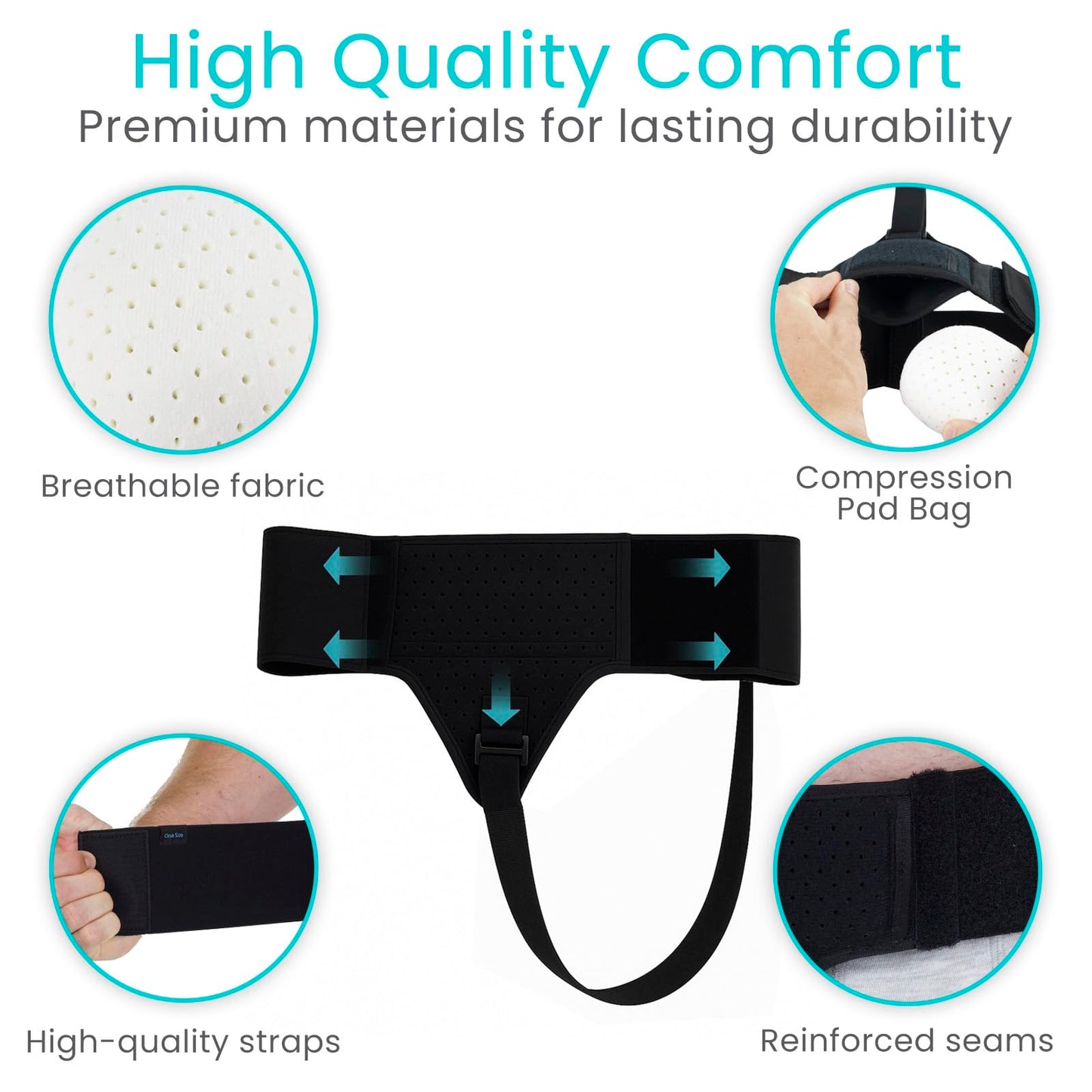 Vive Inguinal Hernia Belt for Men & Women - Left or Right Groin Support Truss for Targeted Compression, Pain Relief, Comfort, Pre & Post Surgery, Injury Recovery - 3 Removable Pressure Pads and Splint (Black)