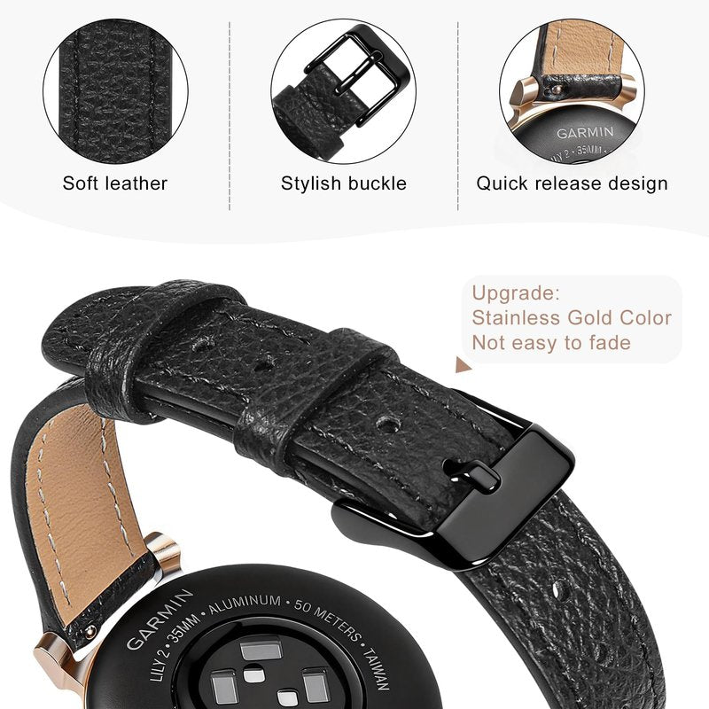 HQzon Slim Leather Band Compatible with Garmin Lily 2/Lily 2 Classic/Active, Genuine Leather Thin Soft Replacement Strap for Women Men