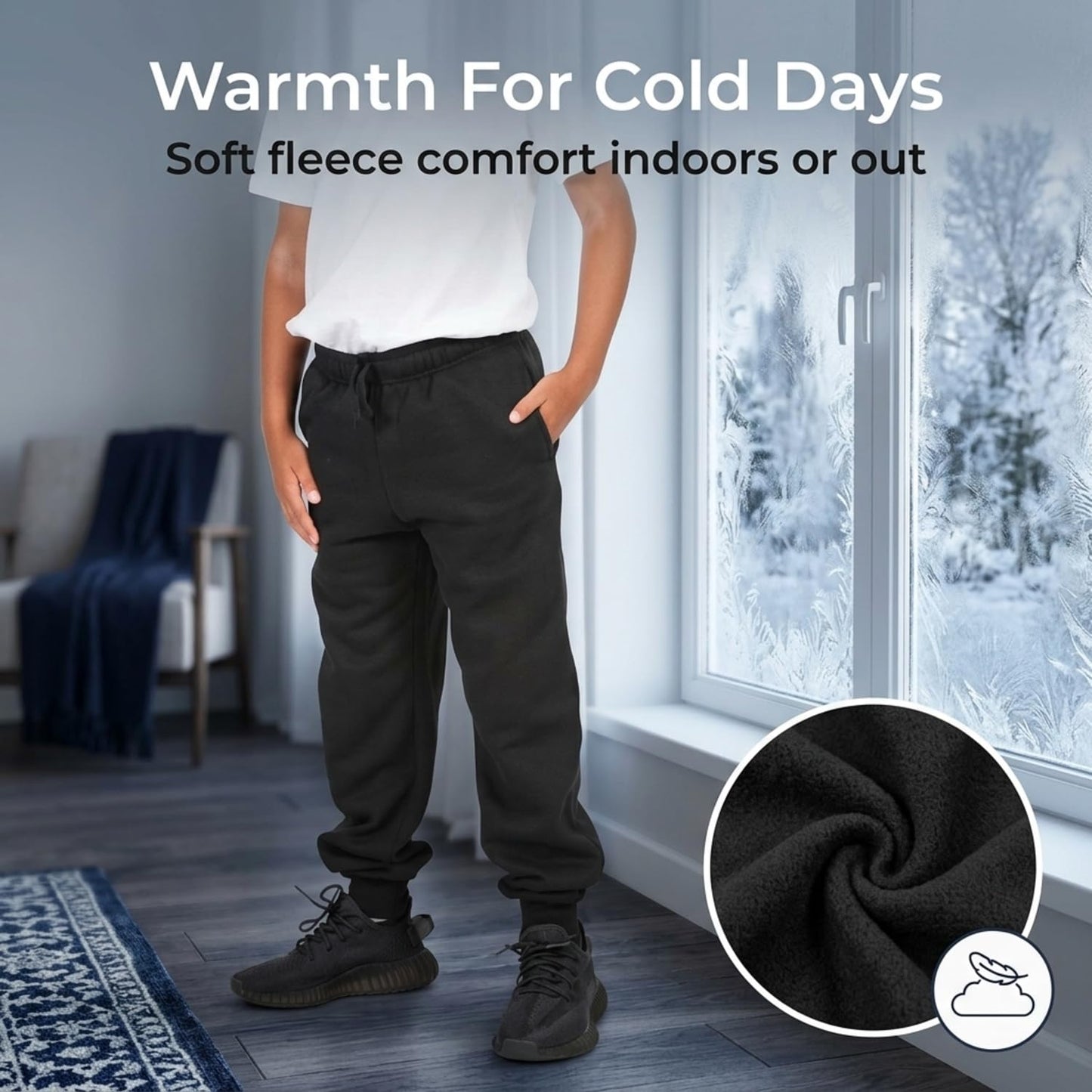 EVERYDAY KIDS Boys Black Cotton Fleece Sweatpants Joggers with Pockets; Boys Athletic Sweat Pants - Soft and Breathable Cotton/Poly Blend (6/7, Black)