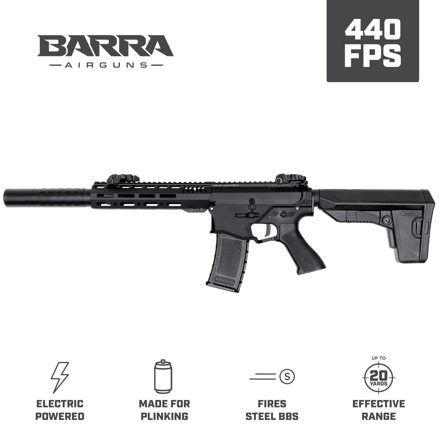 Barra Airguns 400e Gen 2 Metal Full Auto Battery-Powered BB Gun Kit, Includes LiPo Battery and Charger, Fully Automatic Electric BB Rifle - 430 to 440 FPS (Black)