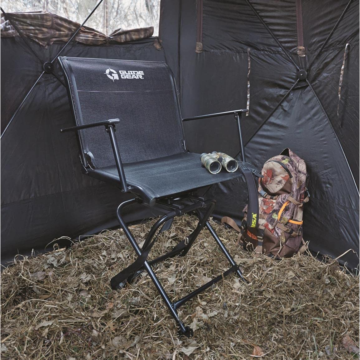 Guide Gear Big Boy Hunting Blind Chair with Armrests, Portable Folding Seat for Shooting, Comfortable Spin Swivel, 500-lb. Capacity