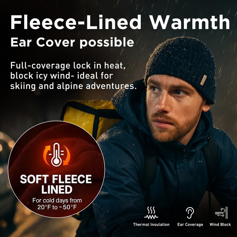 TOP-EX DryKnit™ Waterproof L/XL/XXL Winter Fleece Lined Beanie Hat for Men Women Warm Knit Watch Skull Cap Cold Weather (US, Alpha, Medium, Large, Black(Sentinel))