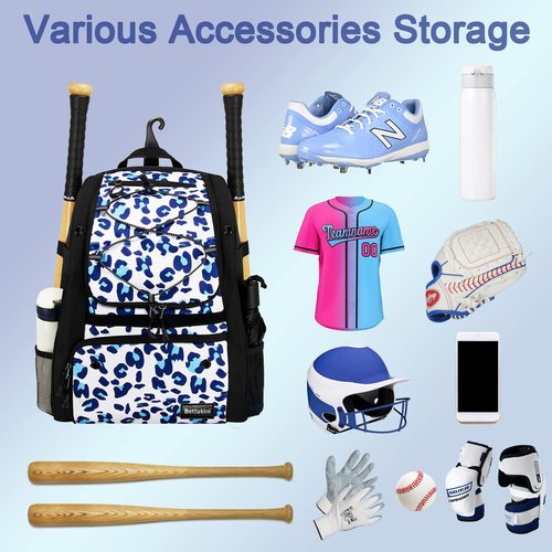 Youth Baseball Bag, Bat Backpack for Baseball, T-Ball Softball Equipment Gear, Helmet, Batting Glove, Batting Mitten, Shoes Compartment Large Capacity Baseball Bags with Fence Hook Holds 4 Bats Blue