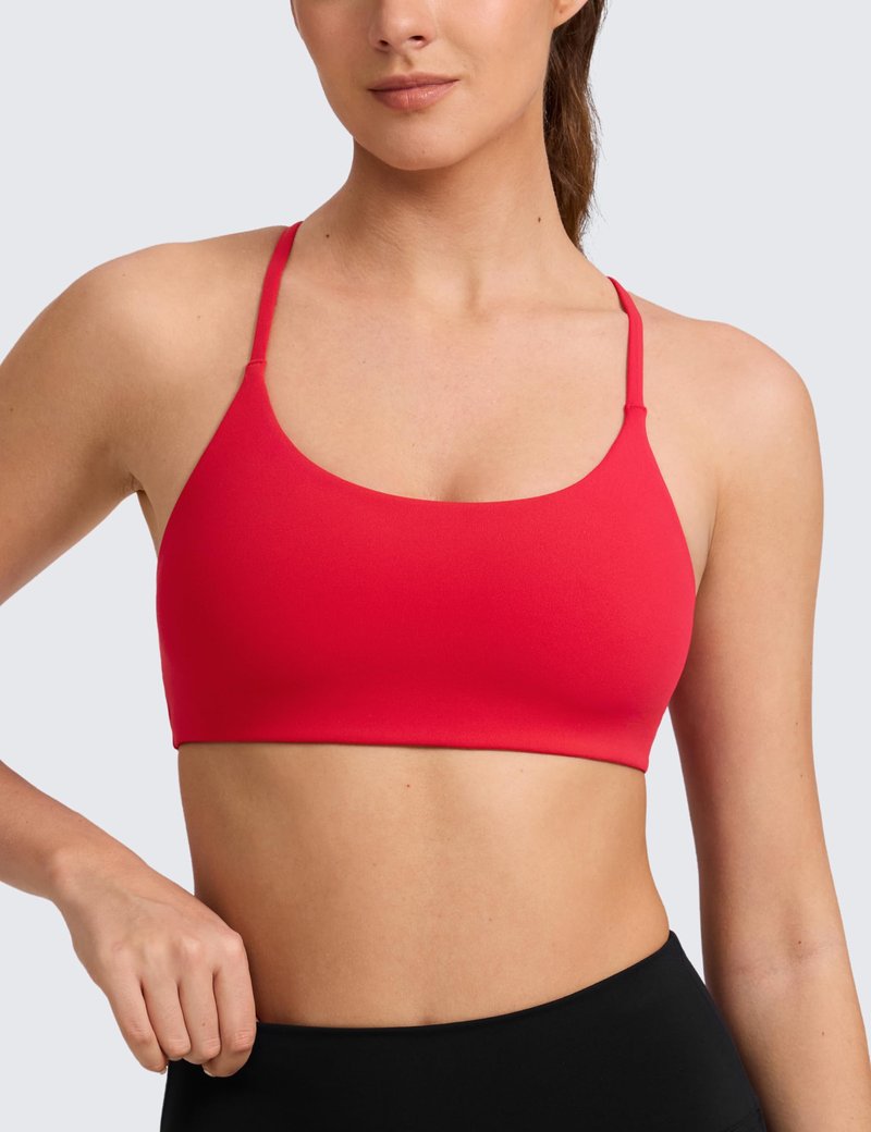 CRZ YOGA Butterlift Double Lined V Back Sports Bras for Women - Scoop Neck Spaghetti Strap Wireless Yoga Top Non Padded Aurora Red Small