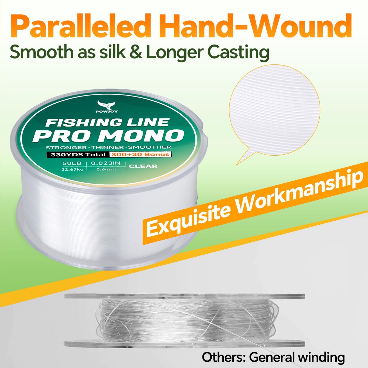 POWJOY 50lb Heavy Duty Clear Monofilament Fishing Line 330 Yards (30Yds Bonus) - Strong for Big Bass Fish in Saltwater/Freshwater, Low Stretch Nylon with Knot Instruction Cards & No-Tangle Snap Ring