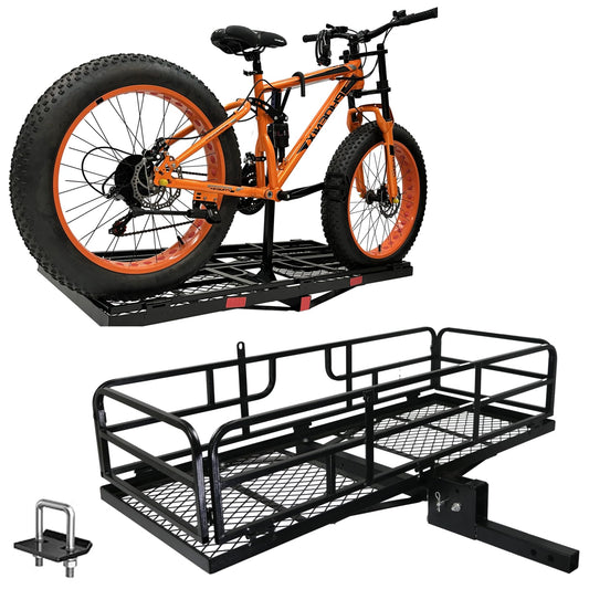 Hitch Mount Cargo Carrier Basket - 66"x24"x14" Comes with Bike Rack Fits 2 Ebike Fat-Tire Electric Bicycle with Folding Heavy Duty Trailer 500Lbs Fits 2" Receiver for Car Truck SUV RV (Black)