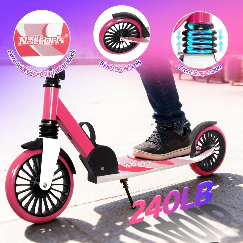 Nattork Kick Scooter for Teens Adults, Max Load 240 LBS, Adjustable Height Foldable with 8" Large Wheels, Anti-Shock Suspension Hot Pink