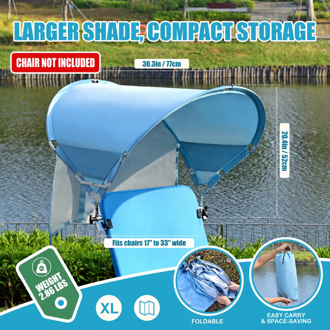 XL Universal Wind-Resistant Chair Umbrella Canopy, Extra Large Foldable UPF 50+ Sun Shade Attachment with Adjustable Clamp, Fits Most Beach, Camping, Lawn, Sports, Zero Gravity Chairs, Patented
