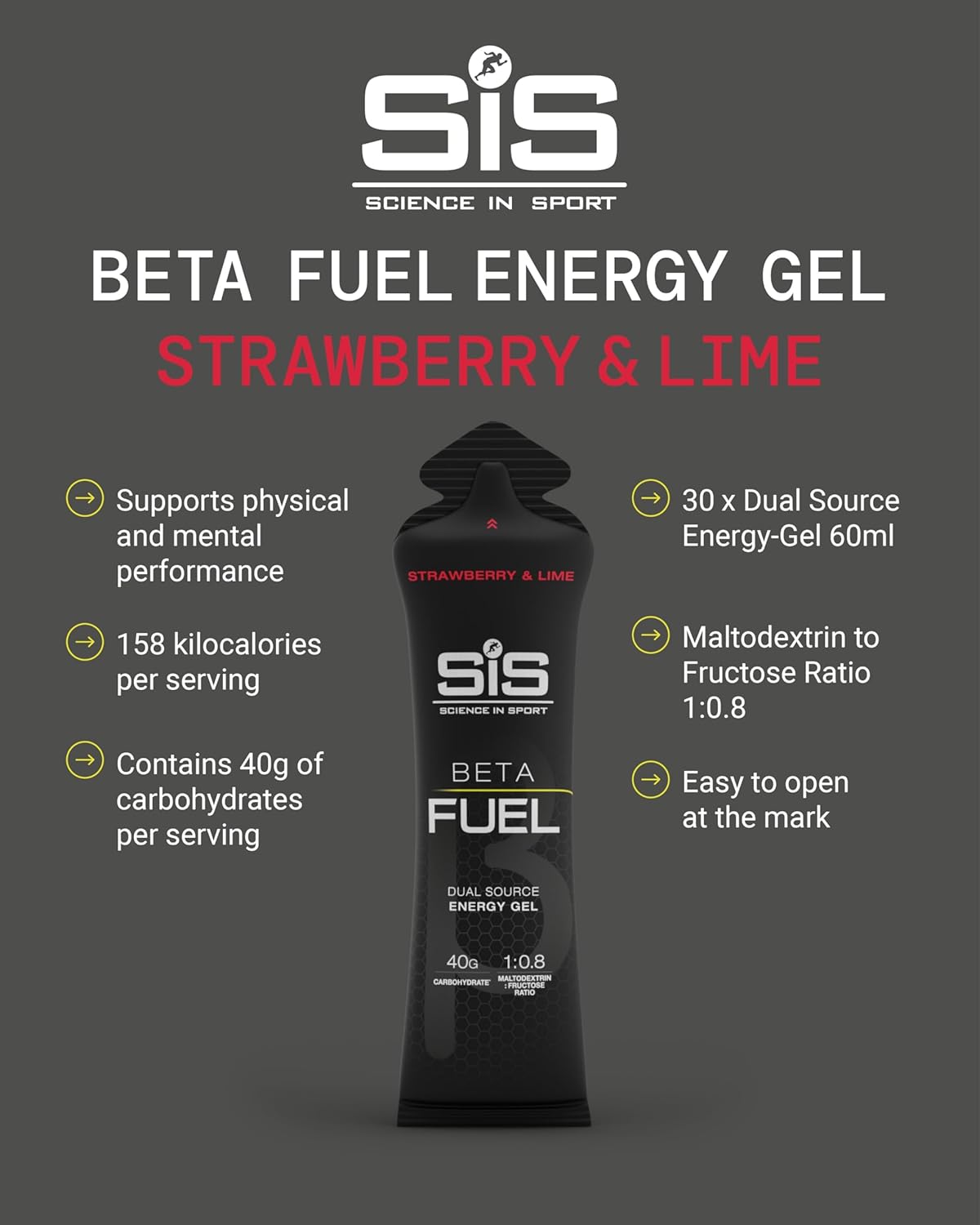 BETA Fuel Gel - Isotonic Dual-Source Energy Gel for Sports Nutrition - Fast-Absorbing - Strawberry & Lime | 30-Pack